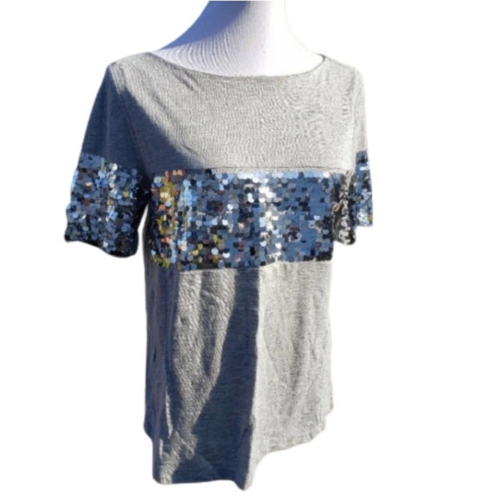BANANA REPUBLIC Top Sequin SWIFTY Silver Bling Short Sleeves Grey Dopamine Sm